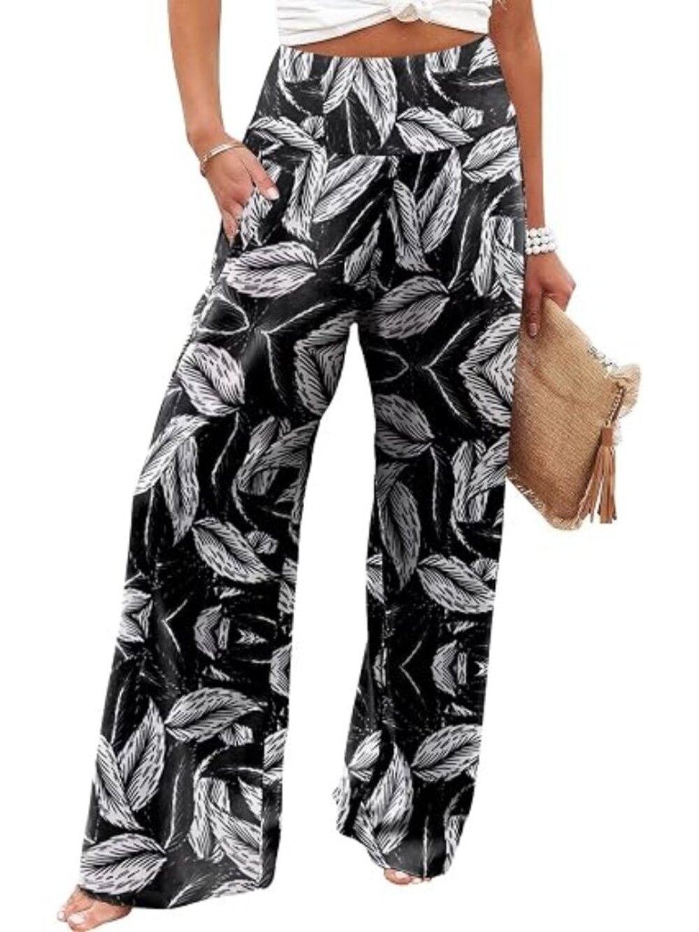 "Green/Black Leaves" LNC  Stretchy Wide Leg Lounge Palazzo Pants w/Pockets 3XL